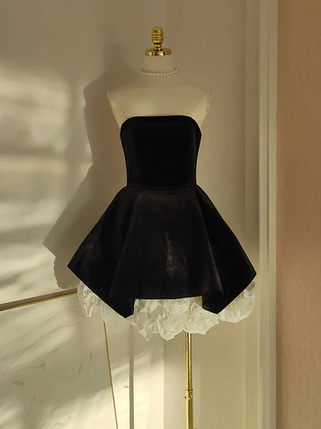 Cute A Line Strapless Velvet Black Holiday Dress Travel Vacation Dresses Short Birthday Dress HZ1023